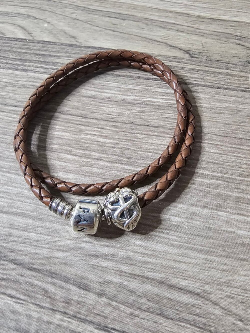 Pandora Two Tone Caduceus Charm Brown Leather Double Bracelet